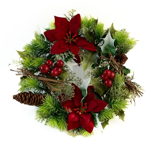 Artificial Christmas Wreath - Classic Red Poinsettia, Pinecone & Berry Design - Realistic Faux Mixed Greenery - Festive Candle Ring & Table Centrepiece - 25cm Diameter