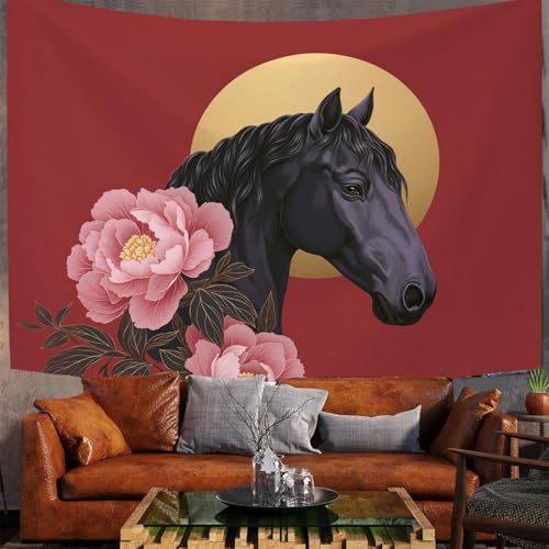 Tapiz grande de tela roja con peonía oriental y caballo de 230x150 cm para decoración mural 3