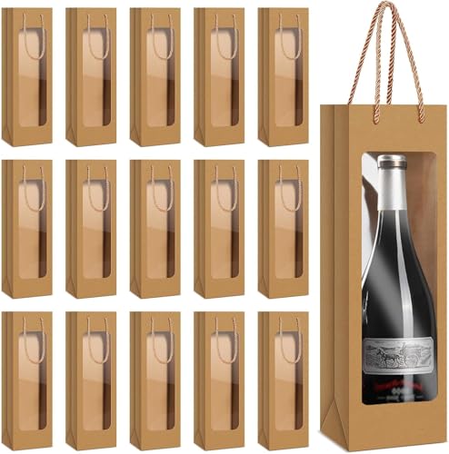24 Bolsas Regalo Vino Reutilizables, Ventana Transparente, Asas Kraft Resistente. Ideal para Vino, Champán y Otras Bebidas en Cumpleaños, Bodas y Fiestas (Color Marrón) (24)