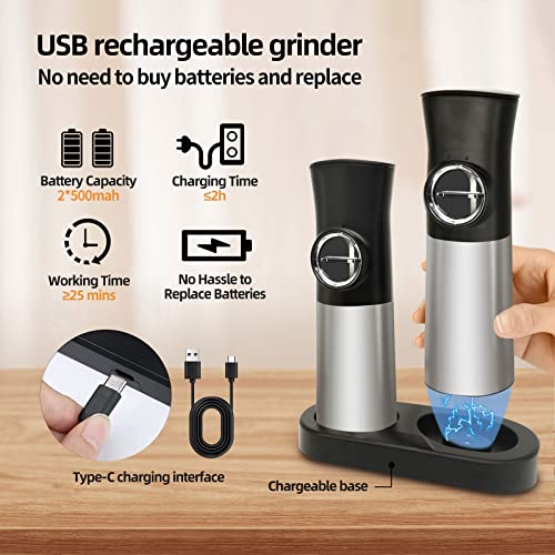 Electric Salt And Pepper Grinder Set, Automatic Gravity Pepper Grinder With Led Light And Charging Base, Adjustable Coarseness, One-Handed Operation, Automatic Spice Mill Shakers Refillable #TOP4