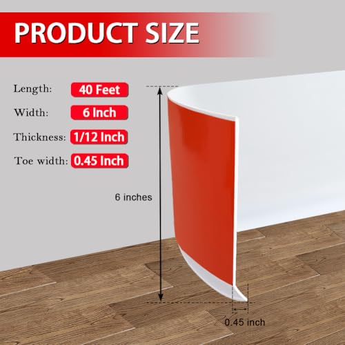 Vinyl Wall Base Baseboard Molding Trim 6" Flexible Self Adhesive Rubber Wall Base Moulding Trim Peel and Stick Design, 6 Inch x 40 Feet, White