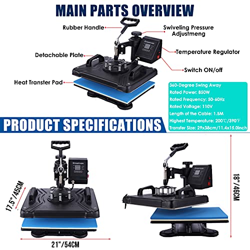 Dreamvan Pro 8 In 1 Heat Press Machine Combo T Shirt Pressing Machine 15X12Multifunctional 360°Rotation Swing Printing Sublimation Heat Press Transfer Machine For T-Shirt Hat Cap Mug Plate #TOP2