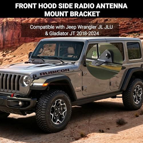 Image of Driver Side CB Antenna Mount Compatible with Jeep Wrangler JL JLU & Gladiator JT 2018-2024, Front Hood Side Radio Antenna Mount Bracket for CB /HAM /GMRS Antennas, Heavy Duty Metal Holder