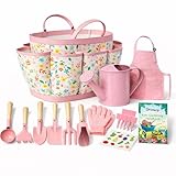 Qtioucp Kids Gardening Set 14Pcs Garden Tools with Tote Bag,Watering Can, Shovel, Apron, Garden Book and More Educational STEM Learning Outdoor for Toddlers Boys Girls (Floral)