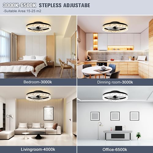 Image of VOLISUN Low Profile Ceiling Fan with Lights and Remote, No Assembly,19.7in Modern Ceiling Fans Flush Mount, 3000K-6500K Dimmable Bladeless LED Fan Light, Black Fandelier Ceiling Fans for Bedroom