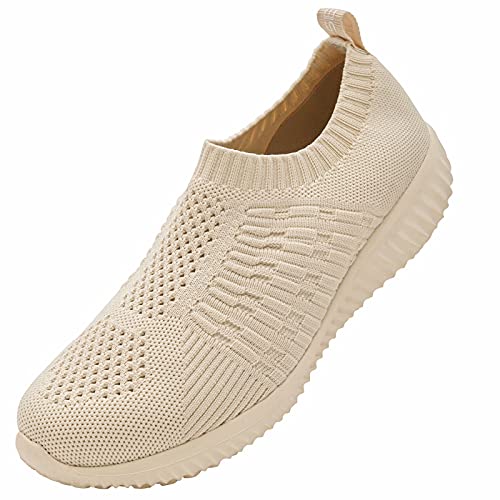 Konhill Women's Casual Walking Shoes - Breathable Mesh Work Slip-On Sneakers 10 Us,Beige #TOP1