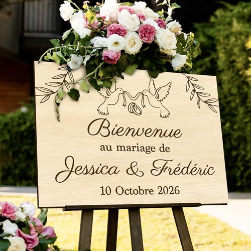 Panneau de mariage personnalisé en bois, prénoms mariés, colombes et alliances, accueil cérémonie, mariage champêtre, fête, 30x40cm, horizontal