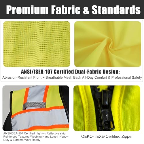 Image of A-SAFETY High Vis Reflective Safety Vest for Men Women Zipper Ipad Pockets Mesh Construction Apparel Neon Vest for Work