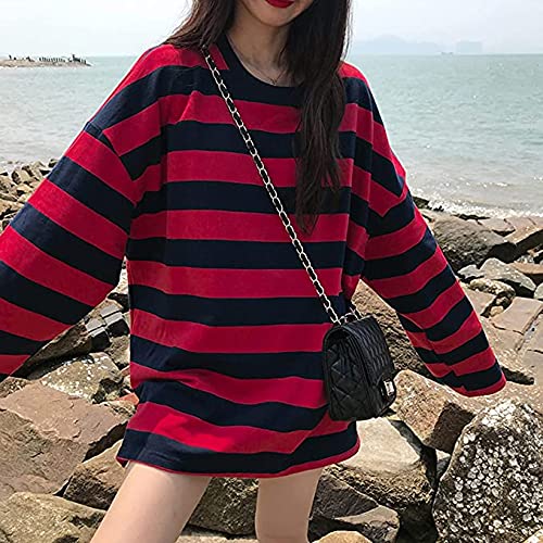 Chvity Womens Harajuku Long Sleeve Oversized T Shirts for Women Casual Crewneck Color Block Stripe Tops3