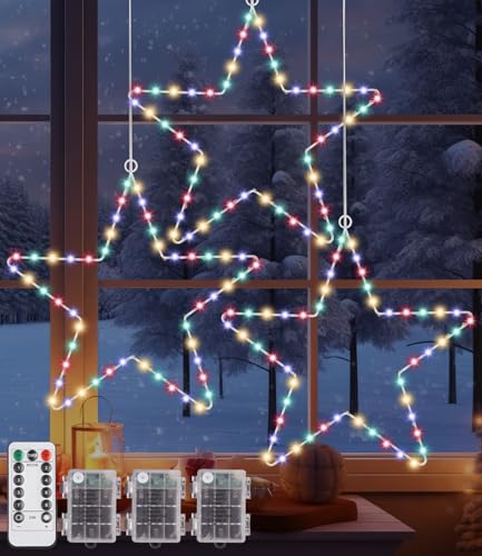 Luces Navidad de Estrella, 3 Piezas 50 LED Luces de Ventana Decoración Navidad Luces Hadas de Estrella de Batería Exterior para Fiesta, Boda, Balcón, Ventana, Luz de Color