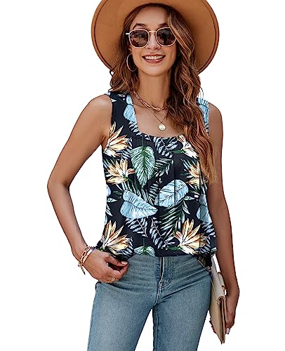 AGSEEM Summer Tank Tops for Women Loose Fit Pleated Square Neck Sleeveless Tops Curved Hem Flowy2