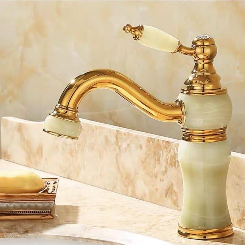 Grifo de latón marrón cascada con detalles de jade para lavabo exclusivo