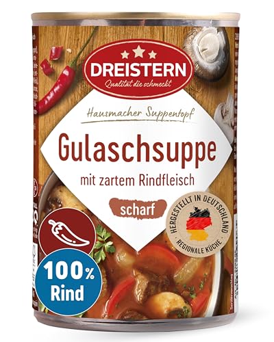 DREISTERN scharfe Gulaschsuppe 400g I Mit zartem Rindfleisch & Gemüse I Pikanter Eintopf in recyclebarer Konservendose I Lange Haltbarkeit dank natürlicher Konservierung I Hausmacher Qualität