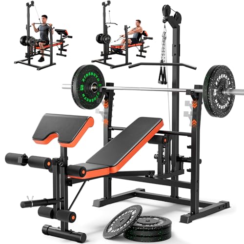 Image of 9-in-1 Adjustable Olympic Weight Bench with Lat Pulldown, Row, Squat Rack & Leg Curl - Multi-Function Strength Training Bench Press for Home Gym Full Body Workout