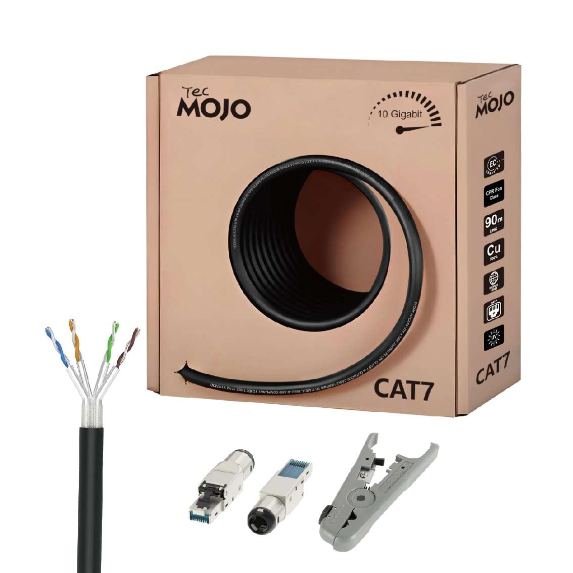 Tecmojo Cavo LAN CAT7 S/FTP, 50 m, resistente alle intemperie, 10 Gbit, PiMF rame puro 23AWG, schermatura al 30% AL-MG, doppio rivestimento in PVC + PE, nero RAL9005, con strumento spelafili e