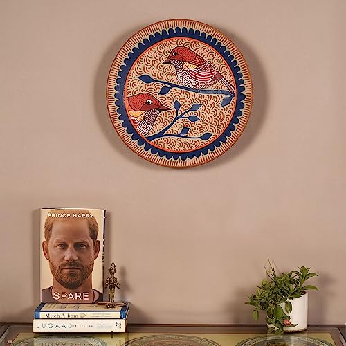 Image of AAKRITI ART CREATIONS Songbird Sonata Terracotta Wall Decor Plate, Pichhwai Art Wall Hanging Plate Set of 1, Blue Color | Glossy Finish Terracotta Wall | Home Items for Living Room, Bedroom, Office