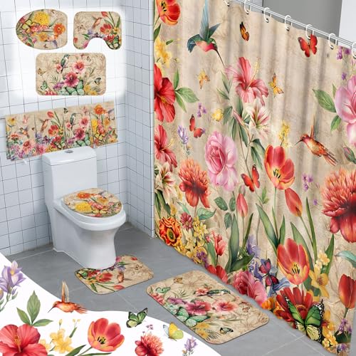 FuWeave 8 Pcs Vintage Floral Shower Curtain Set Bathroom Decor