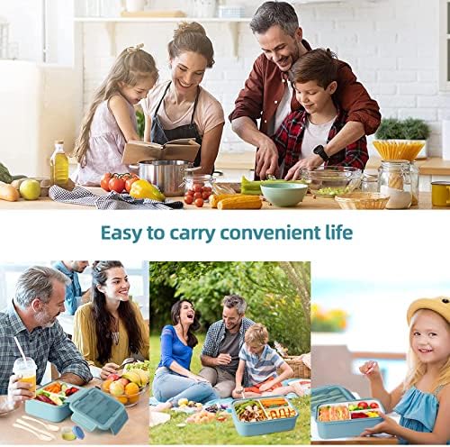SWKIEN Lunch Box Adults/Kids,Bento Lunch Box with Cutlery Leakproof Lunchbox with Compartments, Lunchbox Set with Sauce Pot and Food Picks,BPA Free Lunch Container/Sandwich Boxes (Blue)