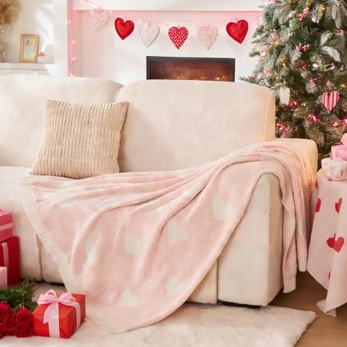 Image of CozeCube Valentine's Day Love Heart Throw Blanket, Super Soft Romantic Fullfy Microfiber, Reversible Featival Blankets for Couch Bed Sofa, Warm Knit Christmas Decorative Gift Blankets, Pink 60 inchX80 inch
