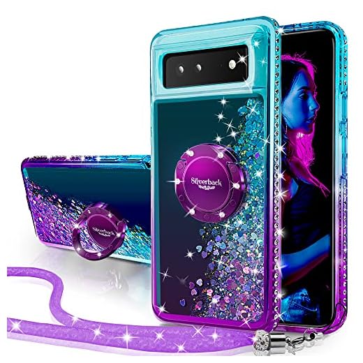 Miss Arts Pixel 6 Pro-fodral, [Silverback] flickglitter mobiltelefonfodral med vridande ringstativ, skydd silikon vätska klart skyddsfodral för pixlar 6 Pro fodral – LILA