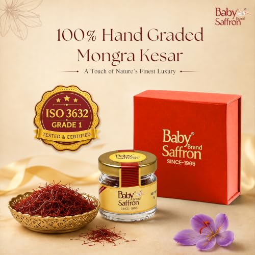 Image of Baby Brand Saffron Original Mongra Kesar /Keshar Premium Filament Gift Box With Glass Jar | Handpicked, Grade 1 ISO 3632 Tested | For Celebrations, Festive, Corporate Gifting | 1gm, Pack Of 1 (Red)