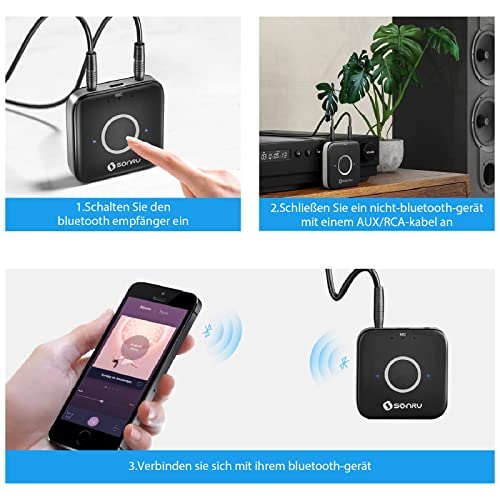 Aux Bluetooth 5.3 Adapter Stereoanlage, SONRU Bluetooth Empfänger Receiver Audio Adapter mit 3.5 mm RCA Kabel Dual AUX Ausgänge für Autoradio Home Stereoanlage