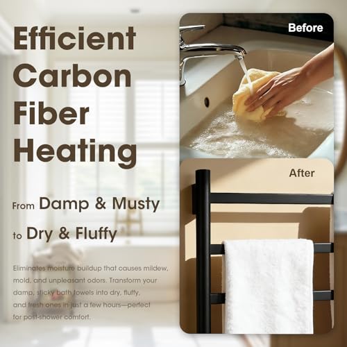TRUSTMI Electric Towel Heated Rack, Wall Mounted 6 Bar Towel Warmer Cloth-Dryer with Built-in Timer and Temperature Indicator, 1-24 Hour, 115°F-155°F, Touch-On, Matte Black by TRUSTMI - Used condition - Image 6