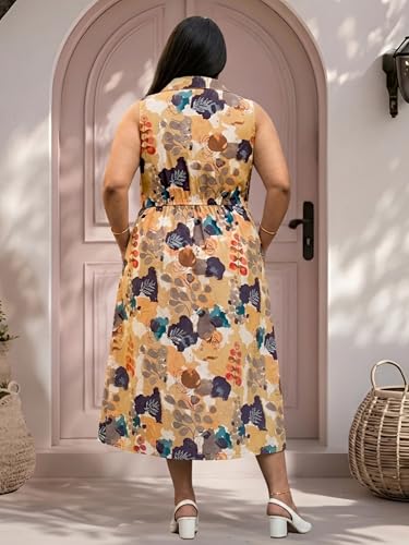 Image of Indietoga Women Plus Size Floral Print Cotton Midi A-line Dress (XL to 7XL)