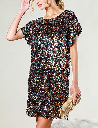 Women's Crewneck Sequin Shift Dress Short Sleeve Casual Holiday Sparkly Party Dress2