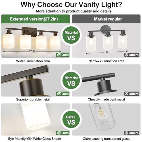 Image of MOKATNG 4-Light Bathroom Light Fixtures, Vanity Light with Milky White Shades, Oil-Rubbed Bronze Bathroom Light Fixtures Over Mirror, Modern Bathroom Wall Lamp for Mirror Living Room Cabinet Bedroom