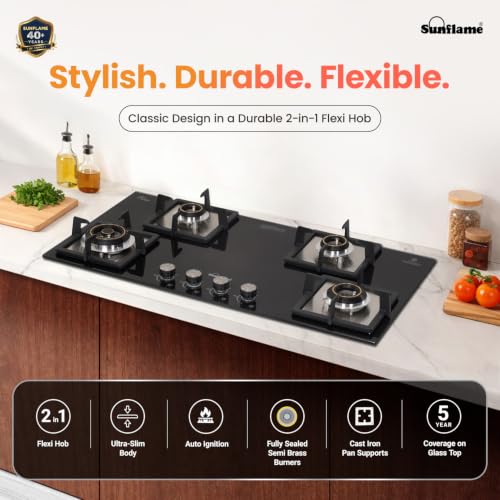 Image of Sunflame 4 Burner Built-In & Countertop Flexi Hob 86 cm Wide | 1 Large, 1 Medium, 2 Small Brass Burner | 5 Year Glasstop Warranty by Sunflame | Auto-Ignition | Ultra-Slim | Cast Iron Pan Support