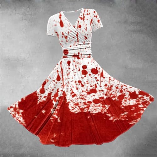 HUIFUAO Black Halloween Dresses for Women Scary Bloody Fancy Dress Plus Size Halloween Costumes V Neck Short Sleeve Party Evening Horror Festival Cosplay Outfits Clothes (Red #1, XXXL) - Image 3