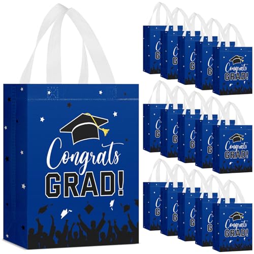 Shinylin 24 Pcs Graduation Gift Bags 2026 Reusable Graduation Bags Bulk with Handles Nonwoven Congrats Grad Party Favor Tote(Royal Blue)