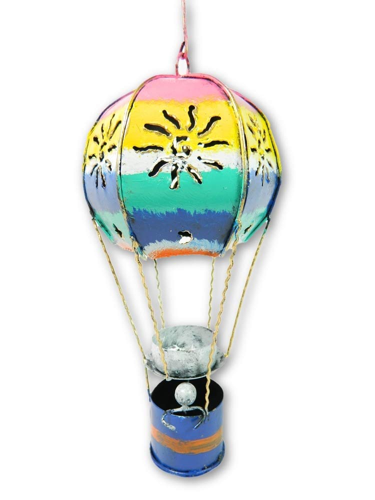 Hot Air Balloon Hanging Metal Ornament Tea Light/Candle Holder - Multicoloured, 25cm with Sturdy Hook - Detailed Balloon & Basket Design - Unique, Handmade Candle Holders - Garden & Home Decoration
