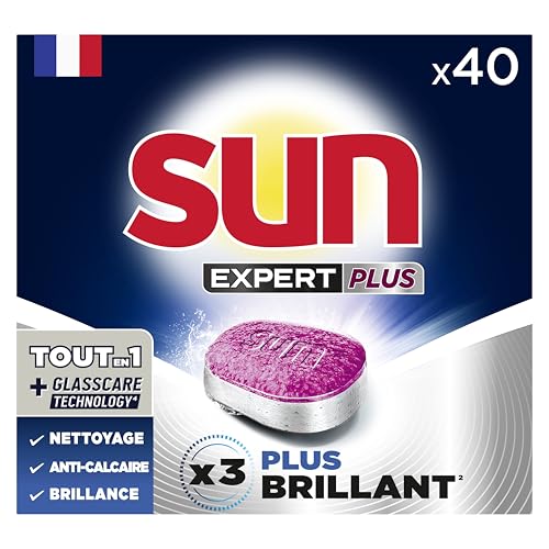 Sun - Pastilles Lave-Vaisselle Tout en 1 Brillance - Expert + Glass Care Technology - 40 Lavages - Fabriqué en France