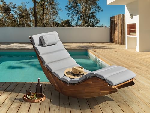 Lettino Prendisole In Legno Di Acacia Cuscino Grigio Chiaro A Doghe Design A Dondolo Forma Curva - 2