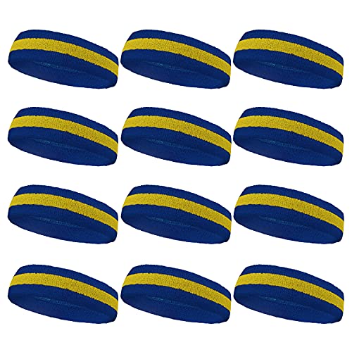 COUVER Stripe Sweat Headbands for Workout, Event, Party Favor, Regular, 12PCS Bulk Set, Blue/Yellow/Blue