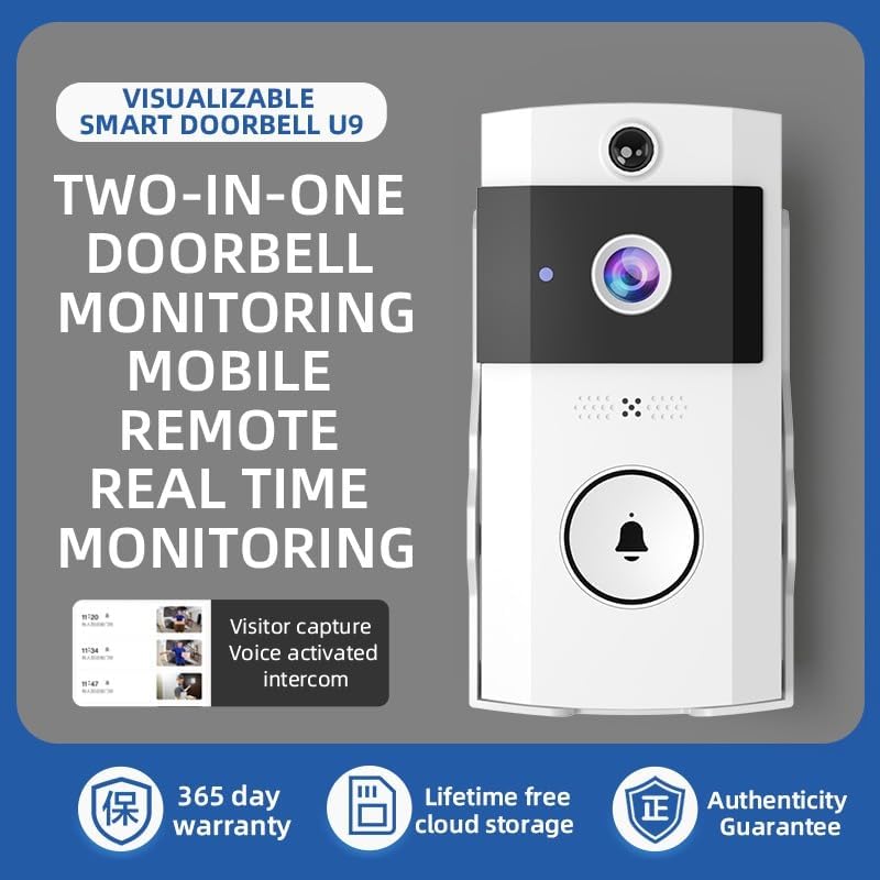 Visualizable Smart Doorbell U9 highlighting two-in-one monitoring, remote real-time monitoring, visitor capture, voice activated intercom, 365-day warranty, and lifetime free cloud storage.