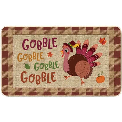 Holiday Entrance Rug Indoor Doormat Seasonal Rugs Fall Thanksgiving Decoration Door Mat Gobble Turkey Non-Slip and Washable Kitchen Floor Mat for Indoor Outdoor Home Entryway 17 x 29 Inch (Turkey-02)