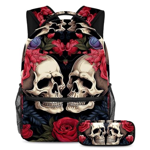 Sac à dos motif fleurs et crâne avec sa trousse assortie pour la rentrée scolaire