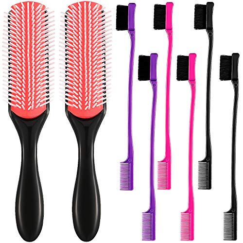 8 Pieces Hair Styling Tools Include 2 Pieces 9-Row Cushion Nylon Brush and 6 Pieces Eyebrow Brush Double-sided Edge Brushes Hair Comb for Thick Dry Curly Wavy Long Short Hair Styles
