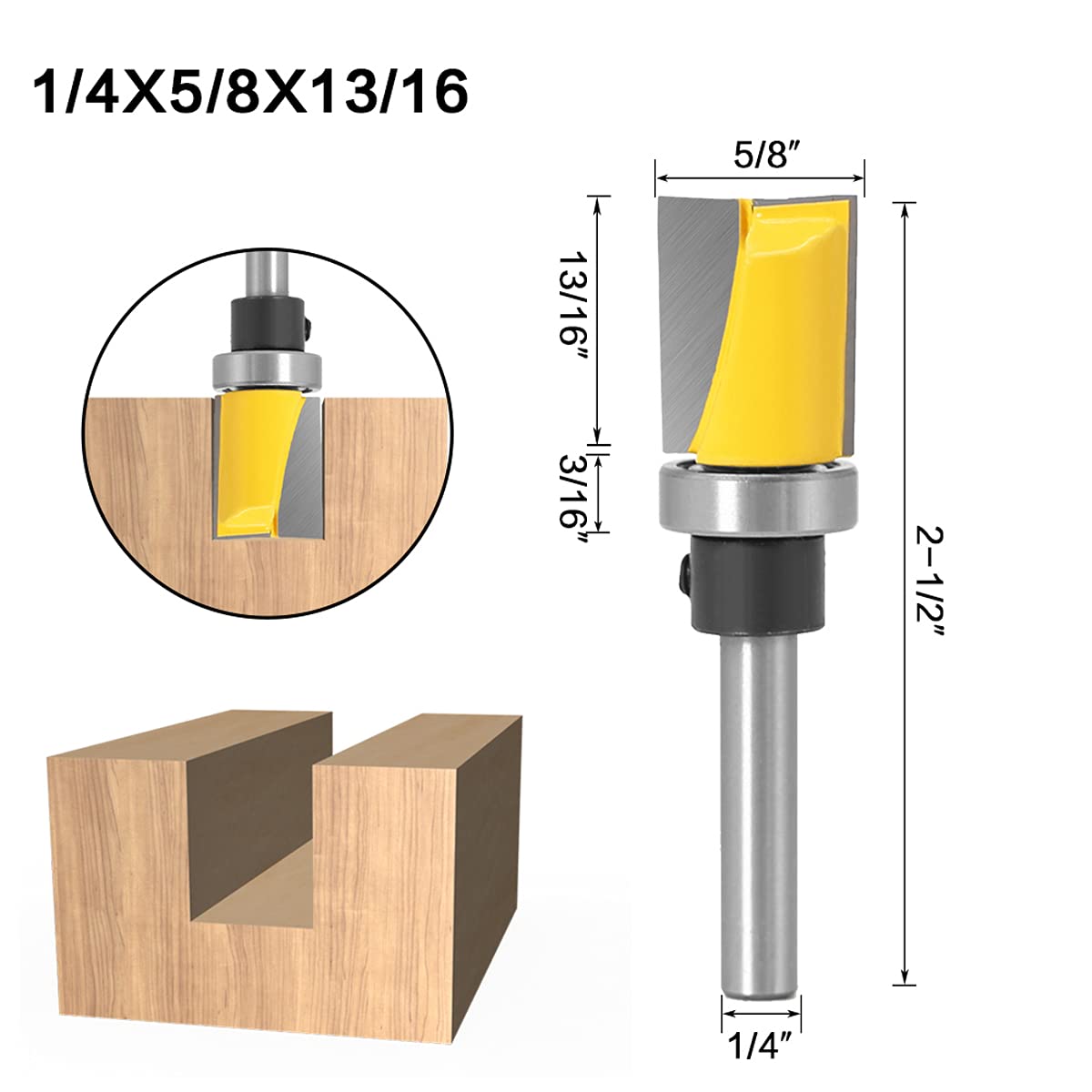 6PC 1/4" Shank Pattern Bit Flush Trim Bit Bit with Bearing Hinge Mortising Router Bit Wood Trimmer Cutter