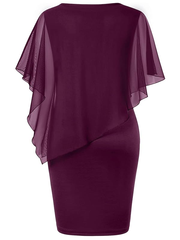 SeSe Code Womens Dresses for Wedding Guest Mesh Cape Overlay Bodycon Knee Length Cocktail Formal Pencil Dress Summer Evening Party Outfits Church Dating Holiday Clothes Pink Purple L by SeSe Code - Used condition - Image 2