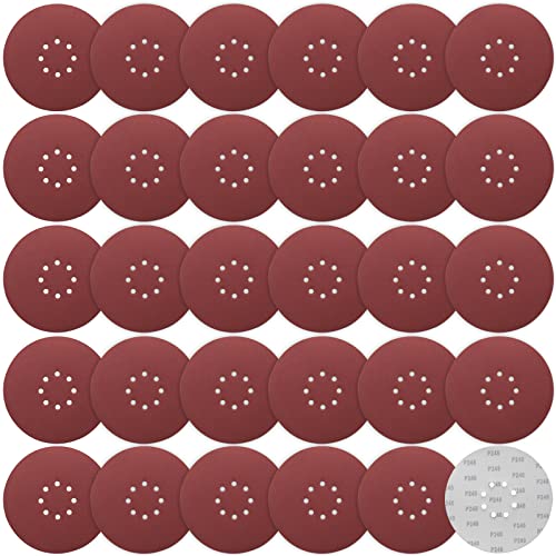 STEBRUAM Discos de lijado de 225 mm, 30 Piezas 240 Grano Discos de Lija 225 mm 8 Agujeros Papel abrasivo autoadhesivos Papel de Lija de Papeles de Lija Abrasivos con para lijadoras de cuello largo Cover
