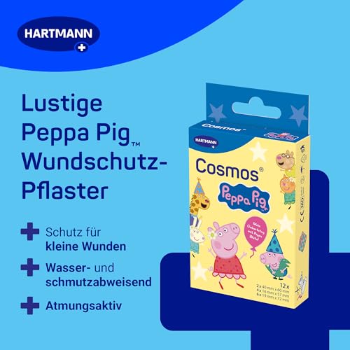 Cosmos® Peppa Wutz Kinderpflaster | Wundpflaster Set mit Peppa Wutz Motiv für Mädchen & Jungen – hautfreundlich & wasserfest | Mix aus 3 Größen | 12 Stück