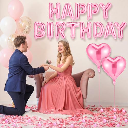 Image of Pink Happy Birthday Balloons Decorations Happy Birthday Letter Balloons Banner Set with 24pcs Round Flameless LED Candles and 2000pcs Artificial Rose Petals for Women Men Room Party Decor