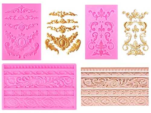 3 Pcs Baroque Silicone Molds, Baroque Scroll Border Molds Vintage Curlicues Molds for DIY Cake Decoration, Baking, Polymer Clay, Resin