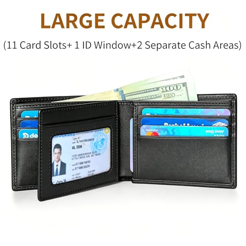 Image of Genuine Leather Mens Wallet, RFID Blocking Bifold Wallet for Men with ID Window, 11 Card Slots, Husband Birthday Anniversary, Dad Fathers Day Gift (Black)
