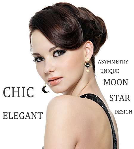 Moon And Star Dangle Earrings For Women Girls Sterling Silver Hypoallergenic Sensitive Ears Unique Chic Asymmetry Design Dangling Cubic Zirconia Stud Earrings Jackets Drop Long Boho S925 Kpop (Black) #TOP1