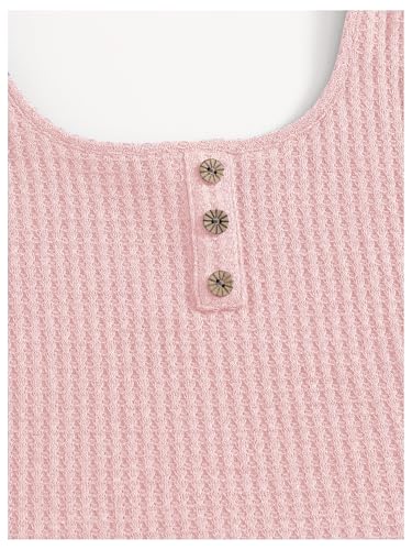 Image of RoseSeek Girl's 2 Piece Outfits Waffle Knit Scoop Neck Button Down Crop Tank Tops Paperbag Waist Track Shorts